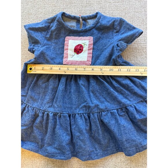 Blue Denim Baby Girl Dress Ladybug Patch & Gingham Detail Tiered Dress 12M - Picture 4 of 6